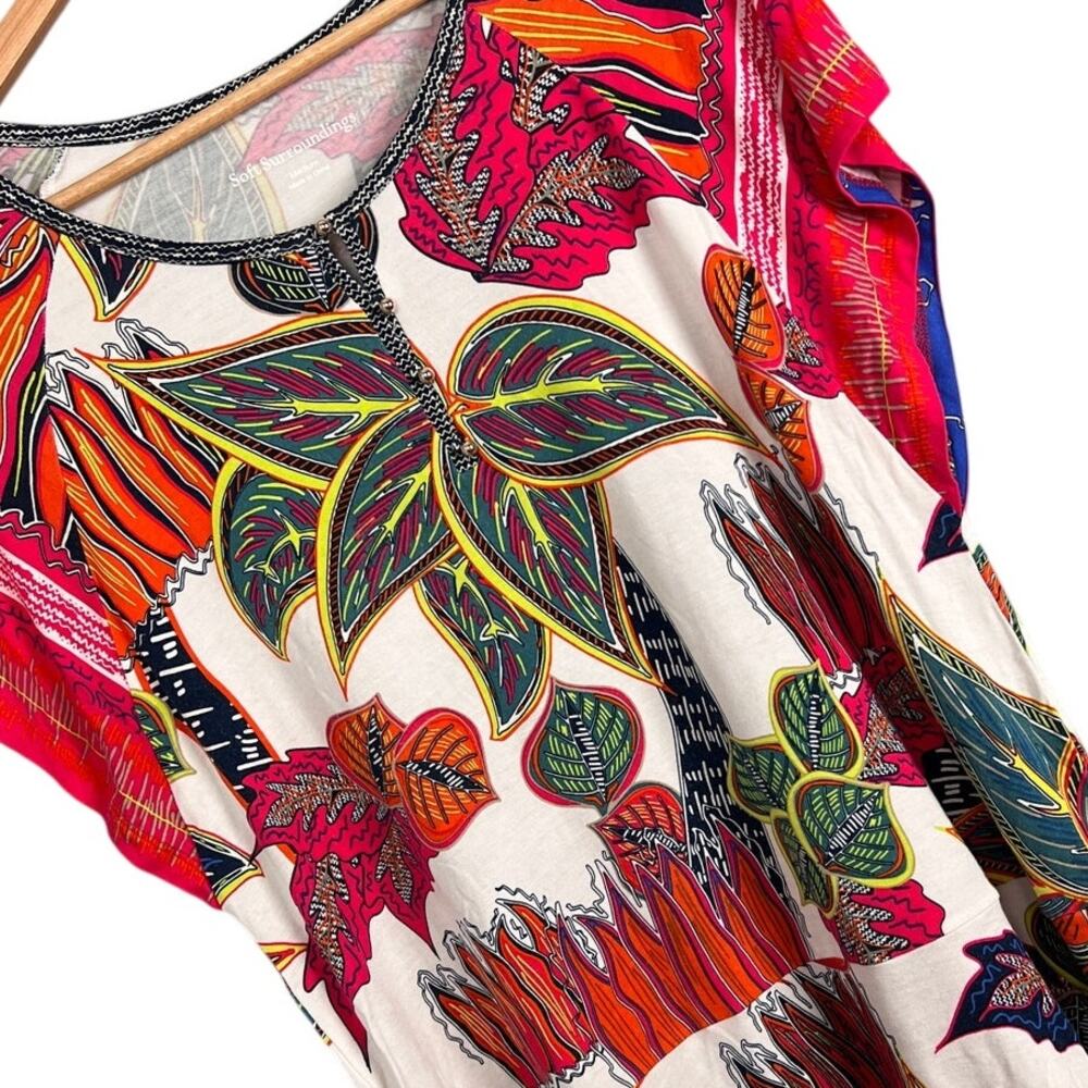 Soft Surroundings Floral Leaf Print Blouse in White, Pink, Red, Green, Orange